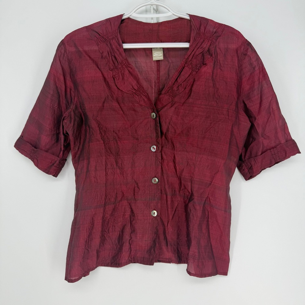 Spirithouse Button Up Blouse Women Large Burgundy Silk Lagenlook Art To Wear VTG